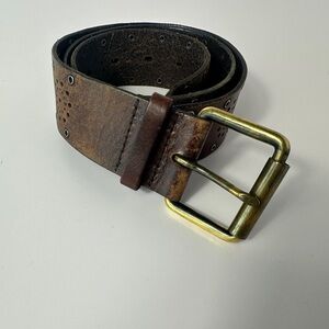 American Eagle Wide Brown Distressed Leather Belt Perforated Grommet Boho L